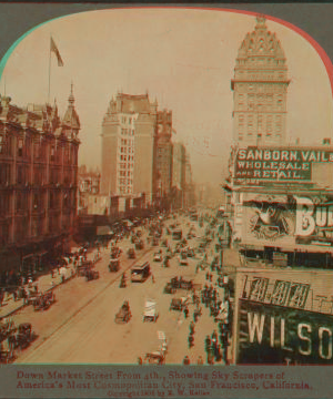 Down Market Street, from 4th, showing skyscrapers of America's most cosmopolitan city, San Francisco, California. 1860?-1907 1905