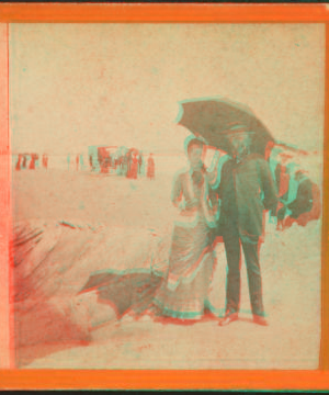 [A couple under the umbrella posing against a background of the beach.] 1869?-1880?