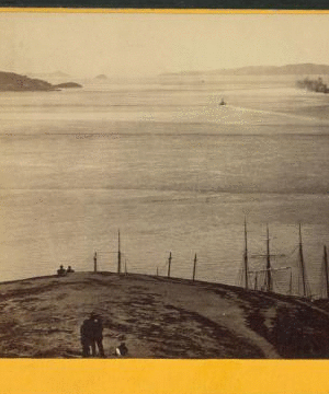 Panorama of San Francisco from Telegraph Hill, (No. 5.) View up the Bay. Red Rock in the distance. 1861-1873 1858?-1876?