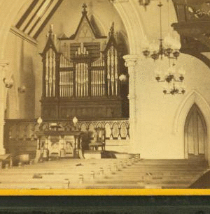 Interior view of Unitarian stone Church. 1870?-1880?