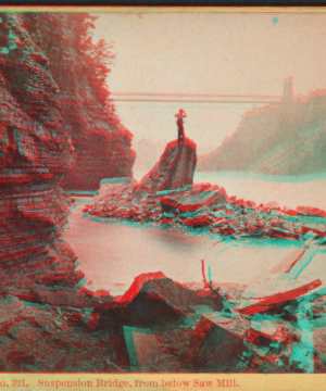 Suspension Bridge, from below Saw Mill. [1863?-1880?]