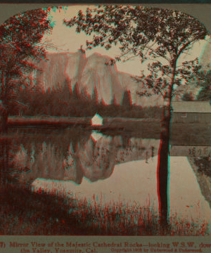 Mirror view of the majestic Cathedral Rocks, looking W.S.W.down the Valley, Cal. 1893-1904