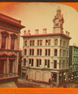 J.W. Tucker & Co.'s Jewelery Establishment, corner of Montgomery and Sutter Streets. 1860?-1900? [ca. 1870]