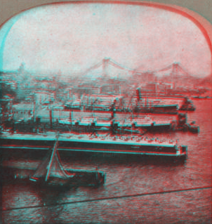 Steamship docks above Brooklyn Bridge. [1858?-1915?]