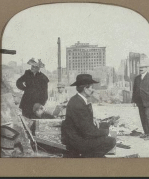 Looking east from corner Pine and Stockton, showing the ruins of the Mills Building. 1906