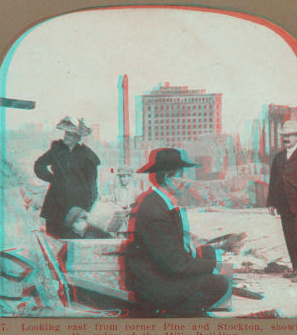 Looking east from corner Pine and Stockton, showing the ruins of the Mills Building. 1906