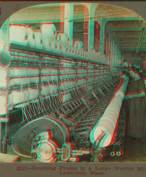 Doubling frame in a large woolen mill, Lawrence, Mass. 1869?-1910?