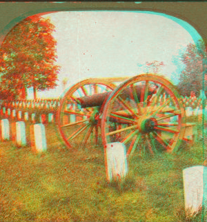 Rustic seat, old cannon and graves, Dayton soldier's home. 1870?-1910?