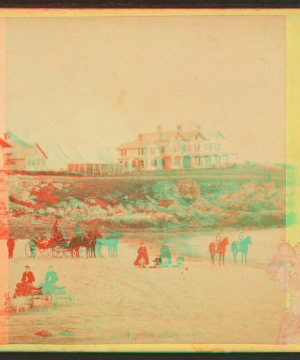 [Coaches, horseback rider and people on the beach and houses in the distance.] 1860?-1869?