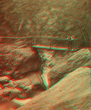 [View of a man on a bridge at Bash Bish.] 1865?-1905?