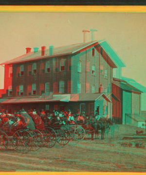 [Large group of people in buggies and wagons at C.P. Chapman's flouring mill in Pittsfield.] 1870?-1895?