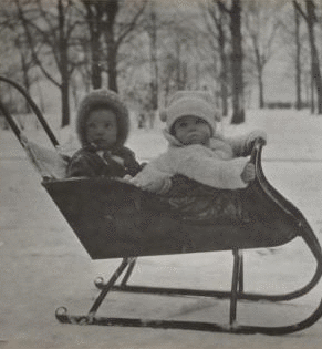 [Children in a miniature sleigh.] 1915-1919 December 1915