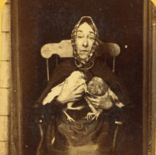 [Portrait of Nancy Luce, island eccentric, and her bantie hens.] 1868?-1880?