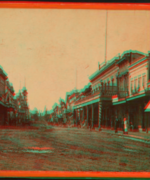 [Views of street, buildings and three men standing, Santa Cruz?.] 1865?-1887? ca. 1875