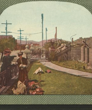 Gathering a few home relics at the ruins of the at the ruins of the Wenban Palace, Van Ness Ave., San Francisco. 1906