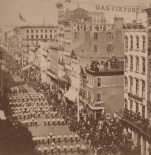 Grand Procession, April 10th 1871, in commemoration of the Treaty of Peace betwen Germany and France. April 10, 1871 1859-1899