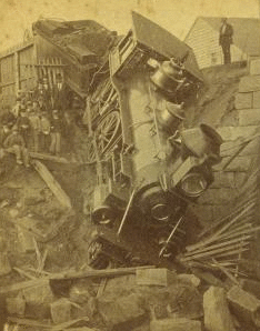 [People posing with train engine that derailed at bridge.] 1868?-1885?