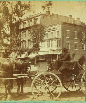 [Man in a wagon on a commercial street in Great Barrington.] 1865?-1905?