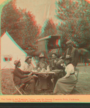 Our camp in the Yosemite Valley, near the famous Yosemite Falls, California. 1893-1904