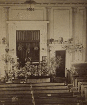 The Pulpit rostrum, as seen Aug. 30, 1881, in the First Baptist Church of Perry, during the Ordination of Rev. B.S. Terry. [1858?]-1891 1881