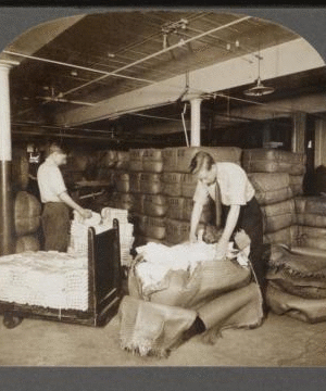 Opening bales of raw silk as it arrives from China, Japan and Italy. Silk industry (reeled silk), South Manchester, Conn., U.S.A. c1914 1914