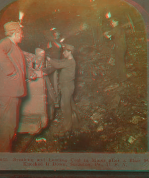 Breaking and loading coal in mines after a blast has knocked it down, Scranton, Pa., U.S.A. c1905 1870?-1915?