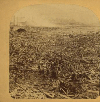 Horror of horrors! A view of the great Stone Bridge, where thousands of men, women and children were burned, together with horses, cows, railroad trains, houses, stables, and everything the flood could carry. 1889