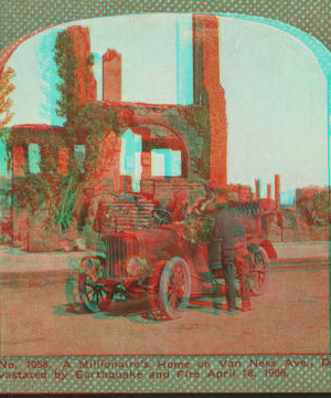 A millionaire's home on Van Ness Ave., devastated by earthquake and fire April 18, 1906. 1906