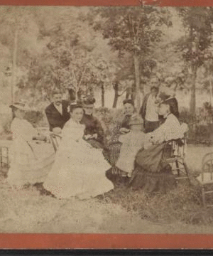 [Portrait of a group of men and women (one with a child on her lap) sitting in chairs on a lawn.] [1870?-1891?]