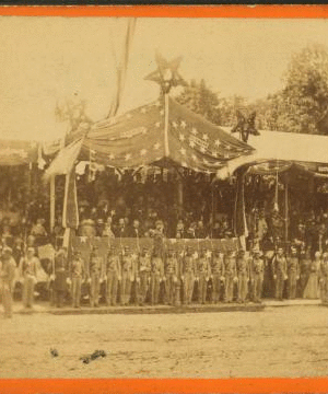 The Army of the Potomac. The stand in front of the President's house occupied by the President and Cabinet, Grant and Sherman, and reviewing officers. 1861-1865