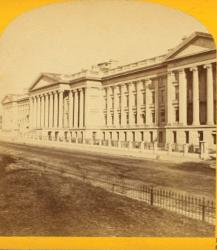 U.S. Treasury, Washington, D.C., 400 feet long, 266 feet wide, Grecian Ionic Order, built of Granite, surmounted by balustrades. 1860?-1915? [ca. 1865-ca. 1885]