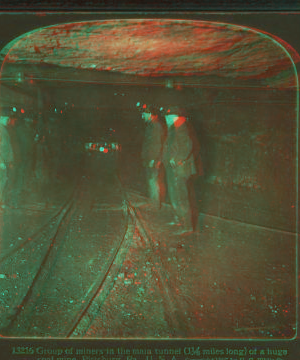 Group of miners in the main tunnel (1 1/2 miles long) of a huge coal mine, Pittsburg, Pa., U.S.A. 1868?-1915?