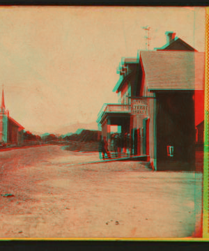 [View of a road, church and three men standing on in front of a building, California.] 1870-1873 1865?-1887?