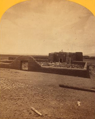 Roman Catholic church, Plaza of Guadeloupe, Gouadeloupe Co., Colorado. Built not many years since of adobes. Dimensions: length 120 feet; width 60 feet; height 25 feet. Grave yard in the foreground surrounded by an adobe wall about 6 feet in height. 1874