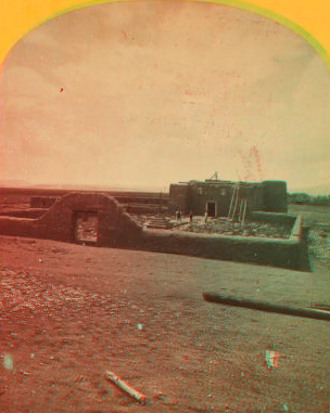 Roman Catholic church, Plaza of Guadeloupe, Gouadeloupe Co., Colorado. Built not many years since of adobes. Dimensions: length 120 feet; width 60 feet; height 25 feet. Grave yard in the foreground surrounded by an adobe wall about 6 feet in height. 1874