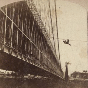 Railway Suspension Bridge [Niagara]. Mr. Blondin in the daring act of acscending one of the wires that secures the bridge... [1859?-1885?] 1860