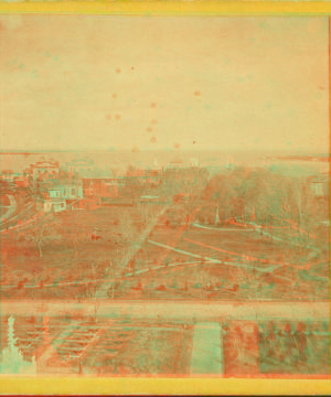 Left side of grounds, looking from the top of new building, showing the Tripoli and Herndon monuments, observatory, gunnery room, old recitation halls, back of which are the old quarters, and the admiral's house. 1868?-1890?