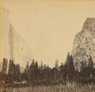 View up the Valley, from the foot of Mariposa Trail. Yosemite Valley, Mariposa County, Cal. 1861-1873 1861-1878?
