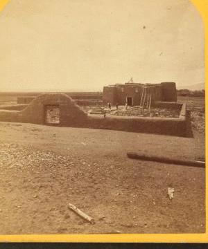 Roman Catholic church, Plaza of Guadeloupe, Gouadeloupe Co., Colorado. Built not many years since of adobes. Dimensions: length 120 feet; width 60 feet; height 25 feet. Grave yard in the foreground surrounded by an adobe wall about 6 feet in height. 1874