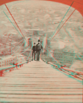 [Suspension Bridge, top view, two men crossing.] [1859?-1885?] [ca. 1870]