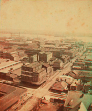 [General bird's-eye view showing buildings, houses, and the river.] 1868?-1901?