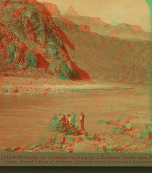 Beside the Colorado - looking up to Zoroaster Tower from Pipe Creek. c1902-1903