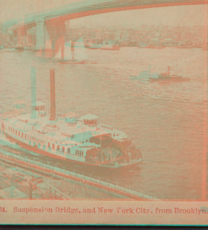 Suspension bridge, and New York City, from Brooklyn. [1867?-1910?]