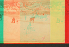 [Coaches, horseback rider and people on the beach and houses in the distance.] 1860?-1869?