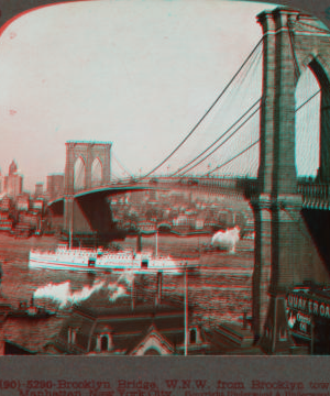 Brooklyn Bridge, W.N.W. [west-northwest] from Brooklyn toward Manhattan, New York City. [1867?-1910?]