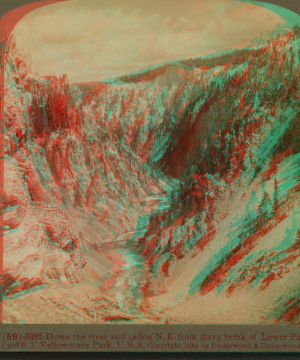 Down the river and caÒon N. E. from the dizzy brink of Lower Falls (308 Ft.) Yellowstone Park, U.S.A. 1901, 1903, 1904