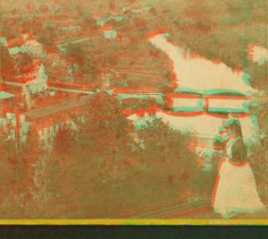 [View of a woman looking into the distance with binoculars above Glendale, showing a bridge, a mill, and homes below.] 1865?-1905?