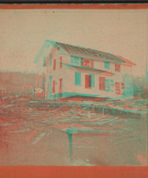 [View of a house that has been lifted off its foundation.] 1878