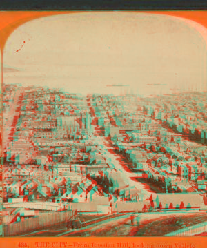 The City and Bay, from Russian Hill, looking down Vallejo Street. 1866?-1875?