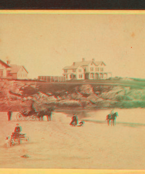 [Coaches, horseback rider and people on the beach and houses in the distance.] 1860?-1869?